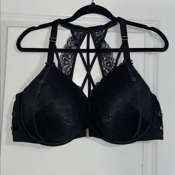 Cacique Shimmer Black Lace Strappy Front-Close Boost Plunge Bra Sz 44DD - Picture 14 of 15